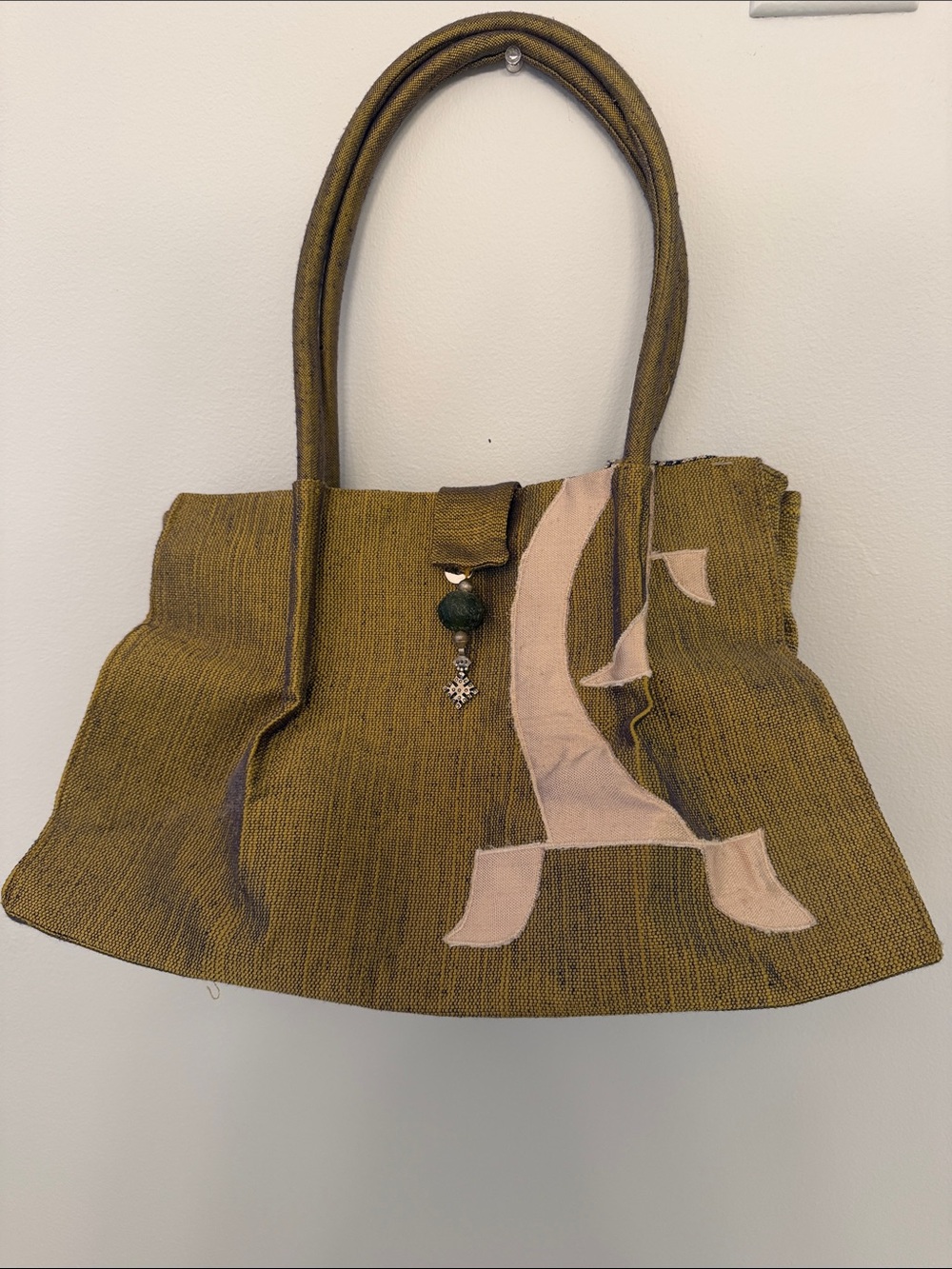 Olive Green Shoulder Tote with Pink Appliqué Accent